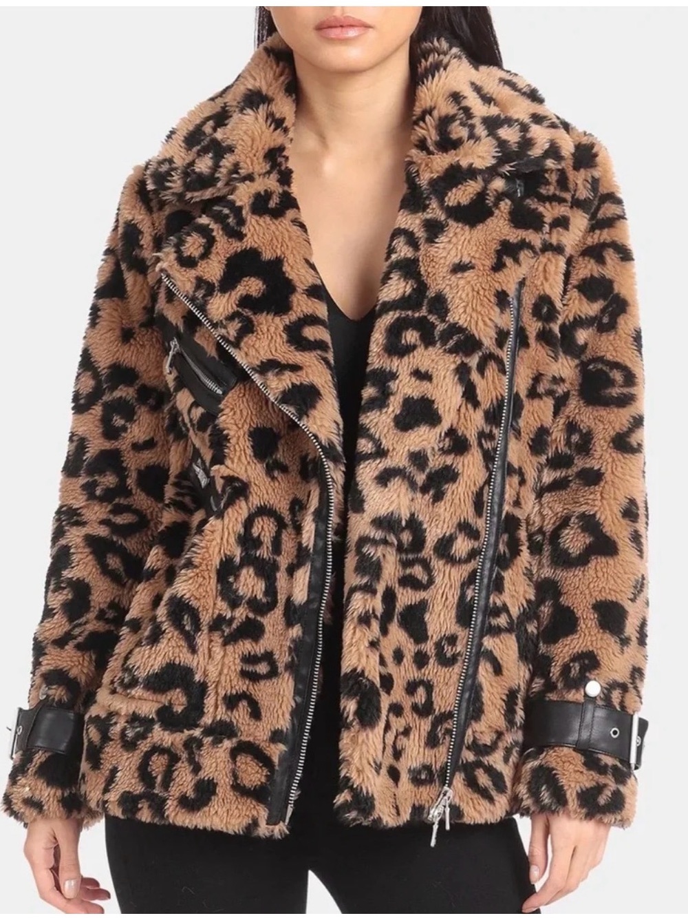 Avec Les Filles Leopard Faux Shearling Moto Jacket - Tan & Black